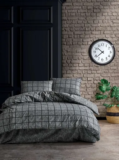 Lenjerie de pat dubla, L'essentiel Maison, Kare, Bumbac Ranforce, Negru