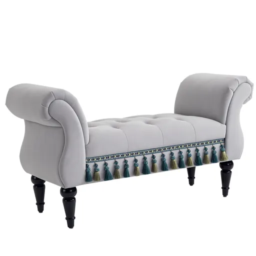 HOMCOM Bancă Banca capitonată Catifea Scaun cu brațe Lemn masiv de hevea Gri 40P x 117L x 58H cm | Aosom Romania