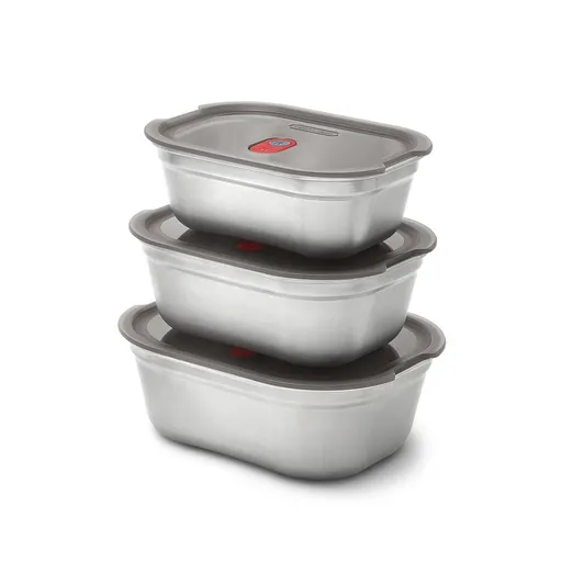 Set 3 cutii alimentare Black+Blum Meal Prep FBSS-BX-PACK1, 0.6/0.9/1.2 l, Dreptunghiular, Rezistent la cuptor, Fara BPA, oțel inoxidabil, gri