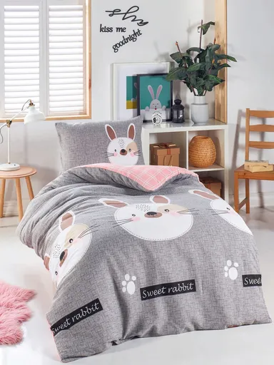 Lenjerie de pat pentru o persoana 2 piese, L'essentiel Maison, Tavşancık, 65% bumbac/35% poliester, Grey / Brown / Beige / Black / Pink