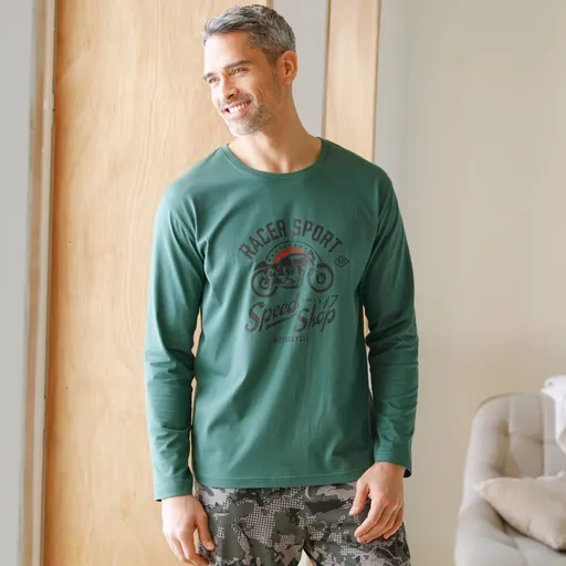 Top de pijama cu imprimeu central și mâneci lungi