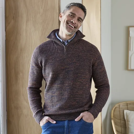 Pulover cu guler ridicat și fermoar, tricotat simplu cu 30% lână