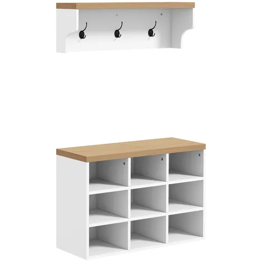 HOMCOM Set mobilier pentru hol 2-în-1 cuier de perete băncuță pentru încălțăminte 3 cârlige și 9 nișe 75x30x50cm alb și stejar | Aosom Romania