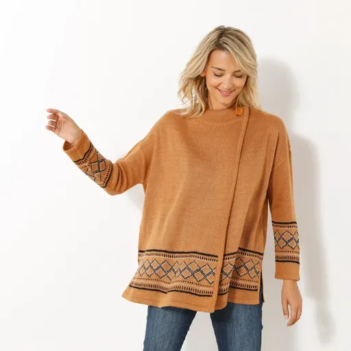 Pulover lat cu model jacquard și închidere cu nasturi