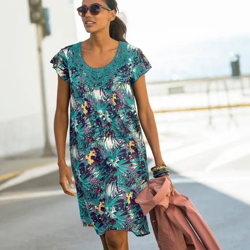 Rochie sami și macramé, crepon cu imprimeu tropical