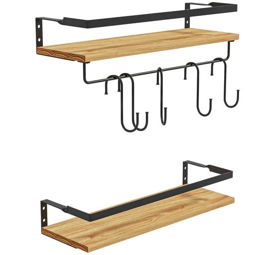HOMCOM Set de 2 rafturi murale cu 6 cârlige detașabile și trăgaci, stil industrial pentru bucătărie, baie, lemn oțel | Aosom Romania