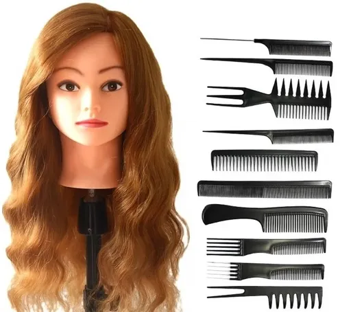 Manechin Par Natural 100% Lee pentru Coafat cu Placa, 50-55 cm, Set 10 Piepteni pentru Coafat sau Tuns si Suport Prindere