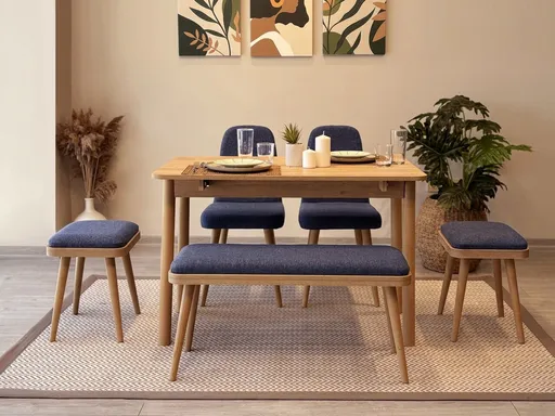 Set masa extensibila si scaune, Hanah Home, Vina Mini 03 1048, Stejar / Albastru închis