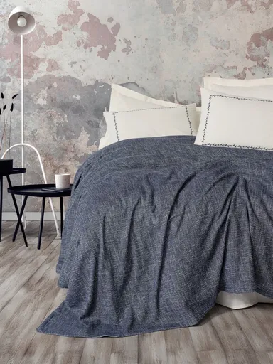 Set cuvertura pique dubla, L'essentiel Maison, Loom, 55% VÂSCĂ 45% BUMBAC, Albastru inchis