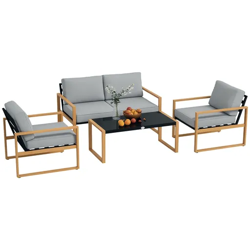 Outsunny Set Mobilier de Grădină din 4 Piese, cu Canapea de 2 Locuri, 2 Fotolii și Măsuță de Cafea, 123.5x75x73 cm, Gri | Aosom Romania