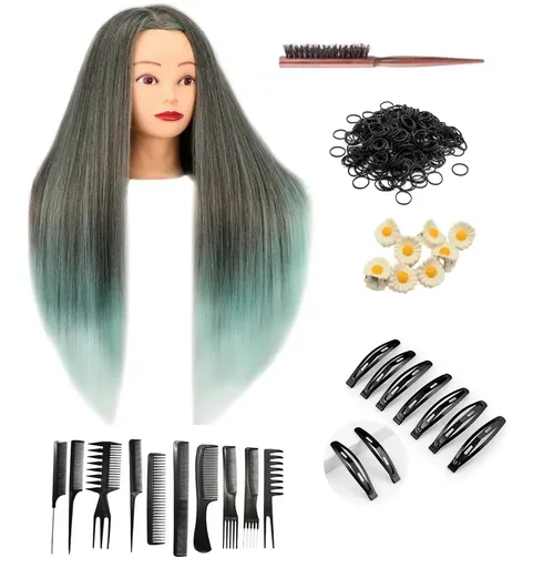 Set Kit Coafor, Cap Manechin Colorat Gri cu Turcoaz, Set de 10 Pieptani