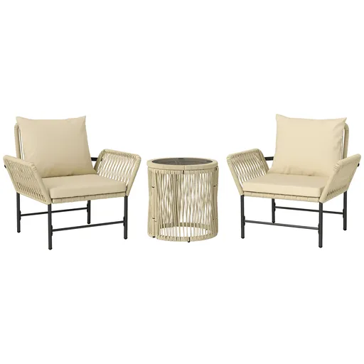 Outsunny Set mobilier de grădină din Polyrattan, mobilier outdoor pentru balcon pentru 2 persoane, 3 piese cu 2 scaune, măsuță laterală, perne | Aosom