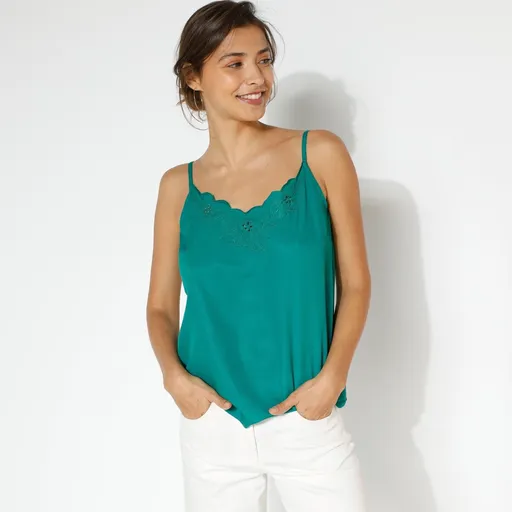 Top de culoare solidă cu broderie și bretele înguste