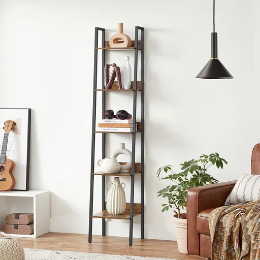 Biblioteca cu 5 rafturi Vasagle Ladder, 33.8x30x170 cm, PAL/otel, maro/rustic