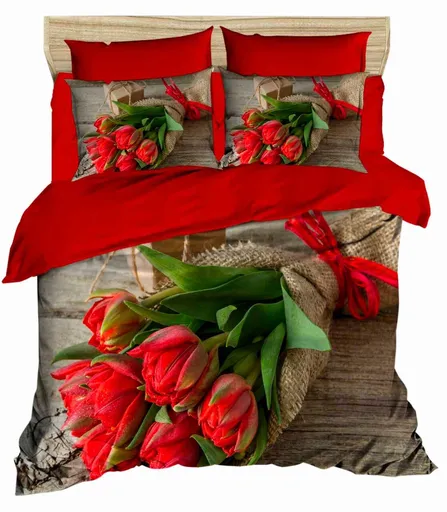 Lenjerie de pat dubla 3 piese, L'essentiel Maison, 190, Roșu / Maro / Verde