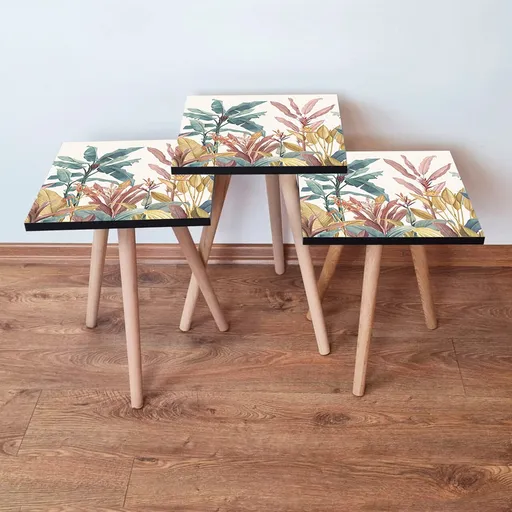 Set masute 3 piese, Hanah Home, 3Shp198, Alb/Muștar/Maro/Verde