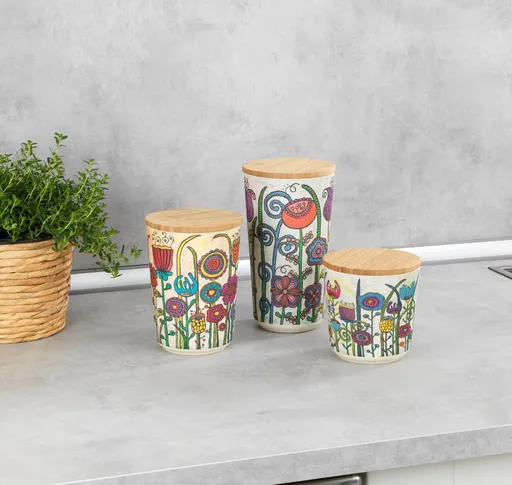 Set 3 recipiente pentru depozitare Garden, Wenko, 0.5 L/0.7 L/0.95 L, bambus/silicon, multicolor