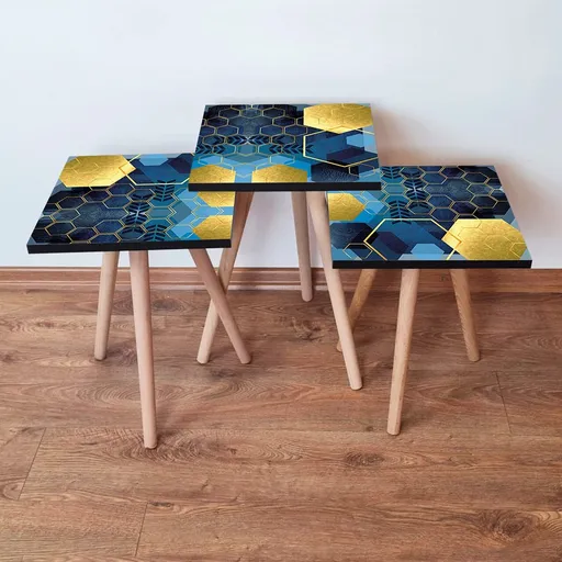 Set masute 3 piese, Hanah Home, 3Shp160, Bleumarin / Albastru / Auriu