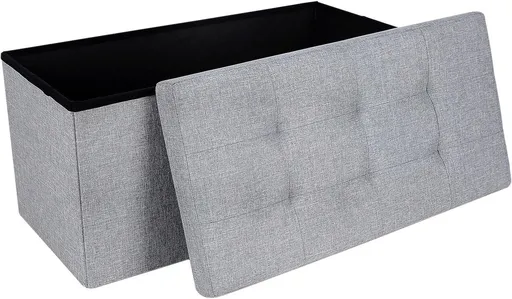 Bancheta cu spatiu pentru depozitare Ottoman Classic, Songmics, 76 x 38 x 38 cm, pliabila, imitatie in/MDF, gri deschis