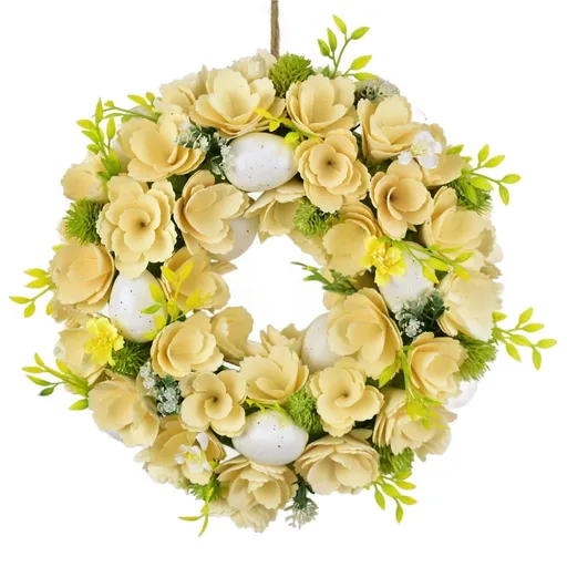 Coroană de Paște din flori de lemn cu ouă, 30 cm,alb