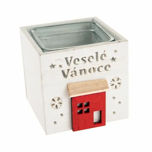 Sfeșnic din lemn cu sticlă Crăciun fericit, 9 x 8,5 cm, alb, alb