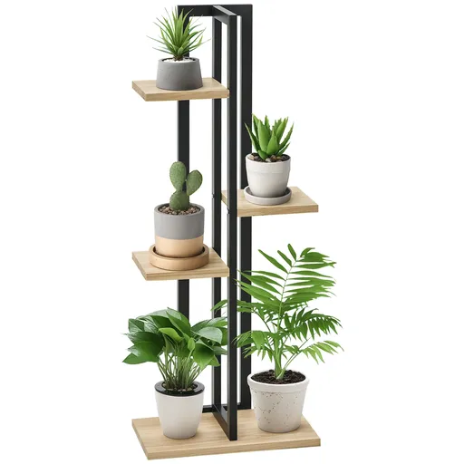 Outsunny Suport pentru Plante cu 4 Etaje din Lemn de Brad și Metal, 45x25x110 cm, Negru | Aosom Romania