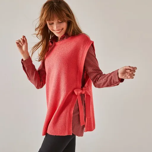 Vestă lungă din tricot neted, cu legături pe laterale, atingere mohair