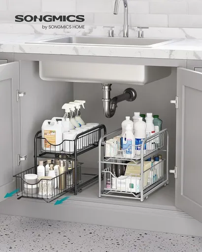 Organizator pentru dulap cu 2 cosuri glisante, Songmics, 26.5x21x31.5 cm, otel, negru