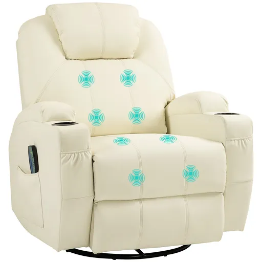 HOMCOM Scaun de relaxare cu funcție de masaj, spătar ajustabil, bază rotativă, până la 150 kg, piele ecologică, Crem | Aosom Romania