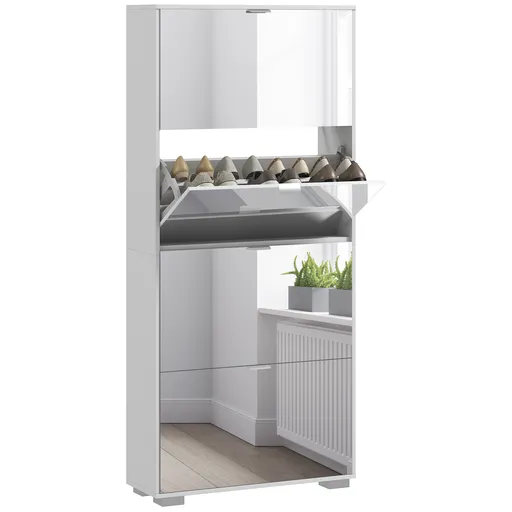 HOMCOM Dulap pentru Depozitarea Încălțămintei cu Uși, Oglindă și 3 Sertare Rabatabile, 76x26x168 cm, Alb | Aosom Romania