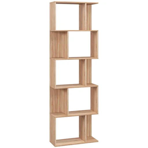 HOMCOM Bibliotecă cu 5 Rafturi Separate cu Spațiu de Economisire în Formă de S din Lemn, 60x24x184,5 cm, Lemn Natural | Aosom Romania