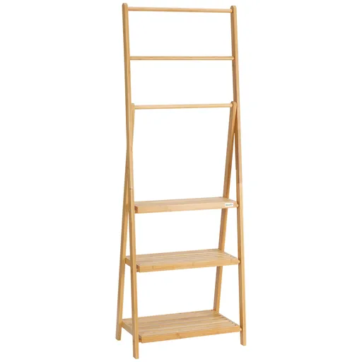 Kleankin Suport de Podea Multifuncțional pentru Prosoape de Baie cu 3 Bare și 3 Rafturi, 53x30,5x152 cm, Natural | Aosom Romania