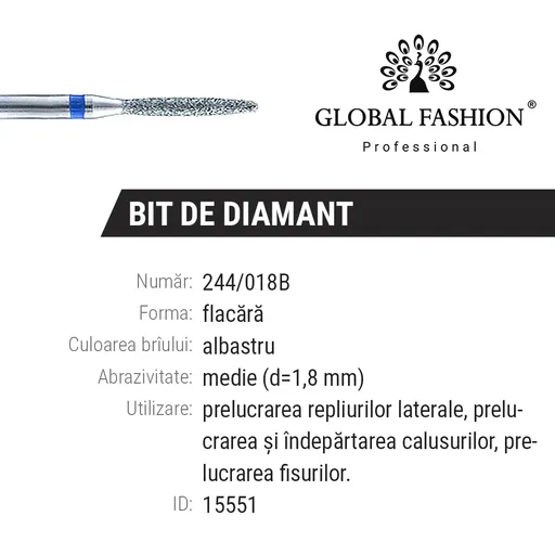 Bit (Cap) Freza Cuticule Diamant, Albastru, Flacara 244-018B, 1.8 mm