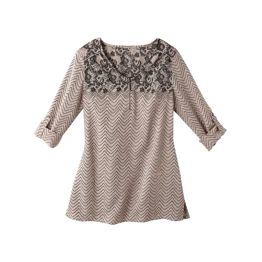 Bluză cu fermoar și dantelă imprimată