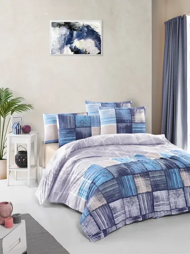 Lenjerie de pat pentru o persoana, L'essentiel Maison, Savina, Albastru / Albastru închis / Bej