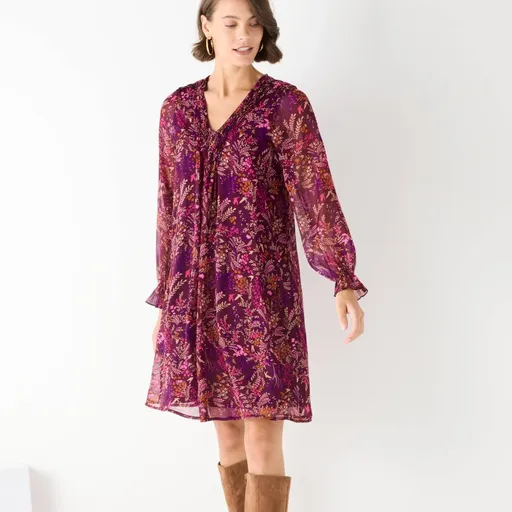 Rochie scurtă evazată cu pliuri și imprimeu colorat cu frunze