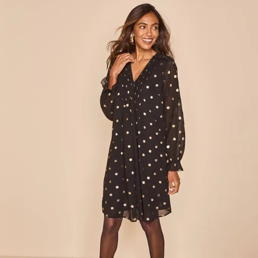 Rochie evazată cu samosas și imprimeu auriu