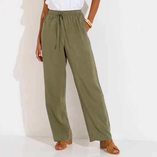 Pantaloni cu picior lat de culoare solidă, cu talie elastică, din viscoză