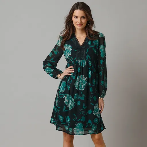 Rochie evazată cu imprimeu floral și dantelă