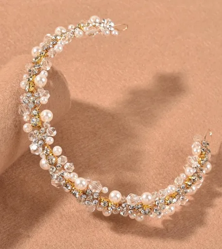 Diadema Mireasa cu Perle si Strasuri, Flexibila, Gold Tiara - 15436933