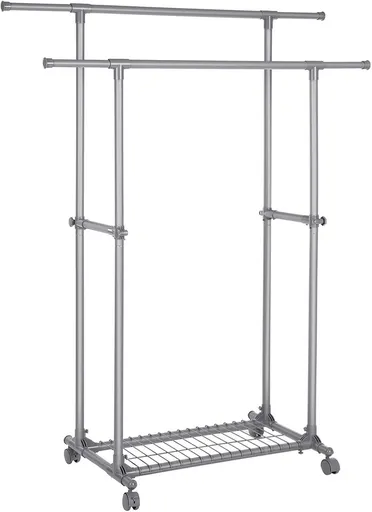 Suport dublu pentru umerase, Songmics, extensibil, mobil, 87-150x52x166 cm, max 70 kg, otel, gri