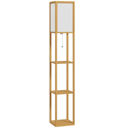 HOMCOM Lampă de Podea cu Rafturi de Depozitare Soclu E27 pentru Living Dormitor Birou Natural | Aosom Romania