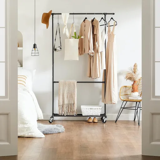 Suport mobil pentru umerase Industrial, Songmics, 130x49x198 cm, max 110 kg, otel, negru