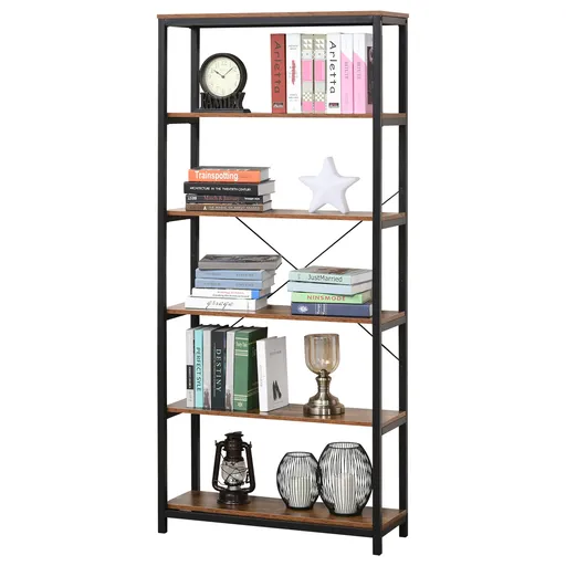 Biblioteca in Stil Industrial Vintage cu 6 Rafturi din Lemn si Metal Negru, 80x30x180cm HOMCOM | Aosom Romania