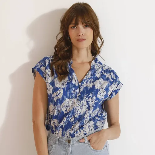 Bluză cu nasturi, cu decolteu în V și imprimeu floral