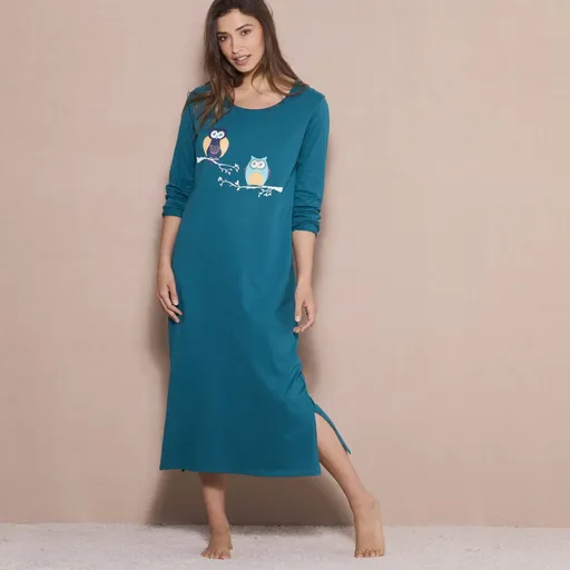 Cămașă de noapte lungă cu mâneci lungi și imprimeu cu bufnițe