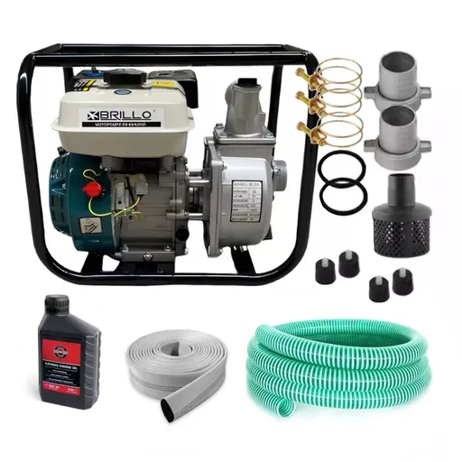 Set Motopompa apa 6.5CP, 2 toli, 600 l/min, H-20m, furtun ref. 20m, furtun abs. 8m, Ulei Motor 4Timpi, BRILLO