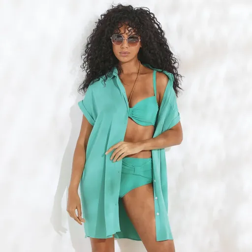 Rochie cămașă din crep de plajă de culoare solidă