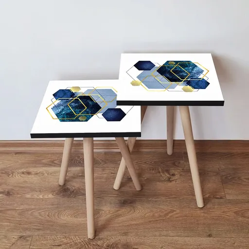 Set masute 2 piese, Hanah Home, 2Shp327, Bleumarin / Albastru / Auriu / Alb