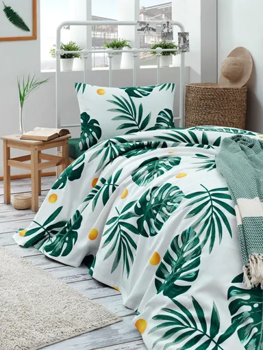 Set cuvertura pique Single, L'essentiel Maison, Monstera, Bumbac, White / Green / Yellow